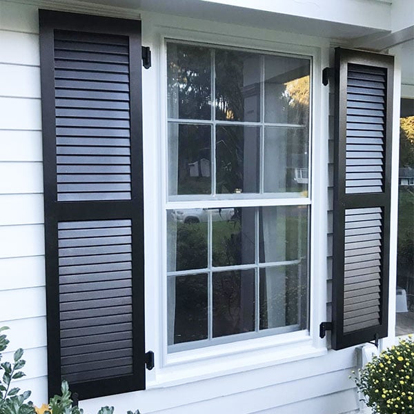 Black Louvered Exterior Window Shutters
